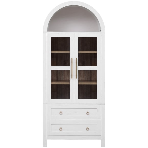 Tall Arched Kitchen Pantry Cabinet with 2 Large Drawers, Modern Farmhouse Kitchen Storage Cabinets with Adjustable Shelves, Glass Door, Wood Versatile Cupboard for Kitchens, Dining Room, White