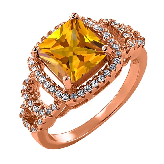 Gem Stone King 3.25 Ct Princess Yellow Citrine 18K Rose Gold Plated Silver Ring (Size 6)