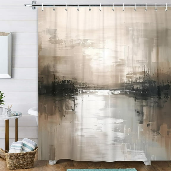 Abstract Oil Painting Art Shower Curtain, Modern Neutral Boho Black White Tan Brown Minimalist Masculine Shower Curtain, Brush Strokes Geometric Fabric Shower Curtain for Bathroom with Hooks, 70X70IN