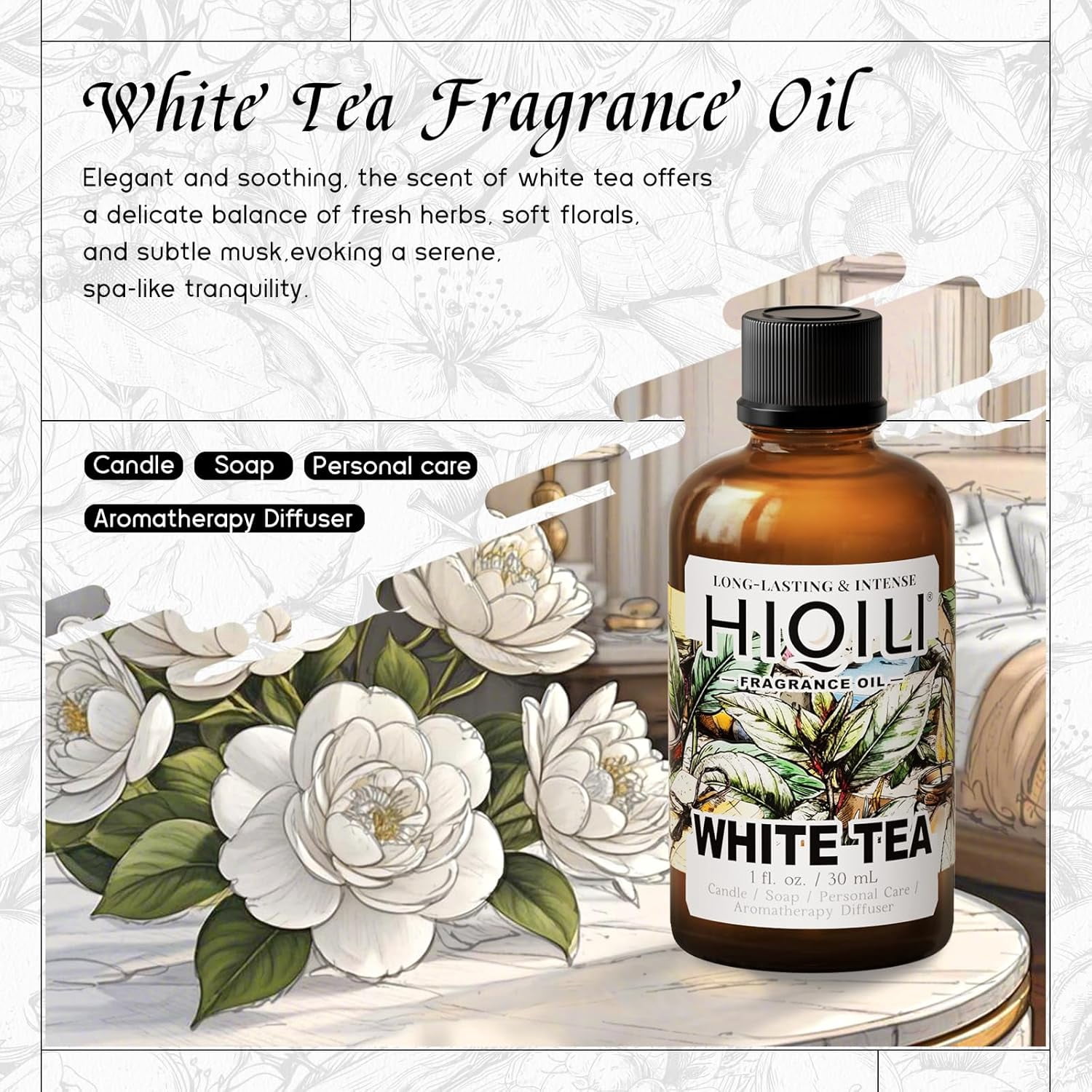 White Tea Fragrance Oil for Essential Oil Diffuser, DIY Candle & Soap Making, Blend to Perfume & Air Freshener Spray - 1 Fl Oz