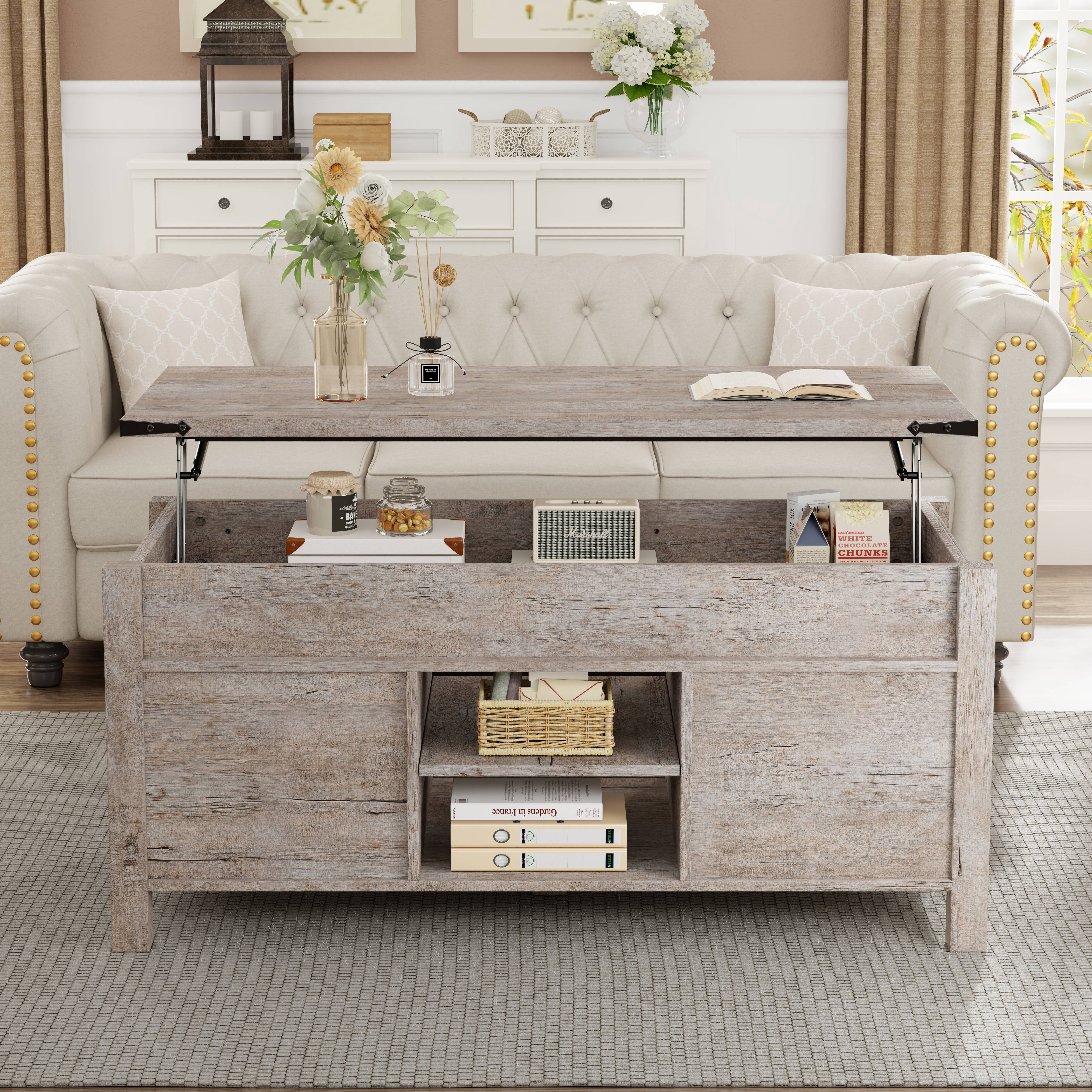 OKD 48" Farmhouse Lift Top Coffee Table with Sliding Barn Door, Rustic Center Table with Hidden Storage Compartment for Living Room, Office, Light Rustic Oak