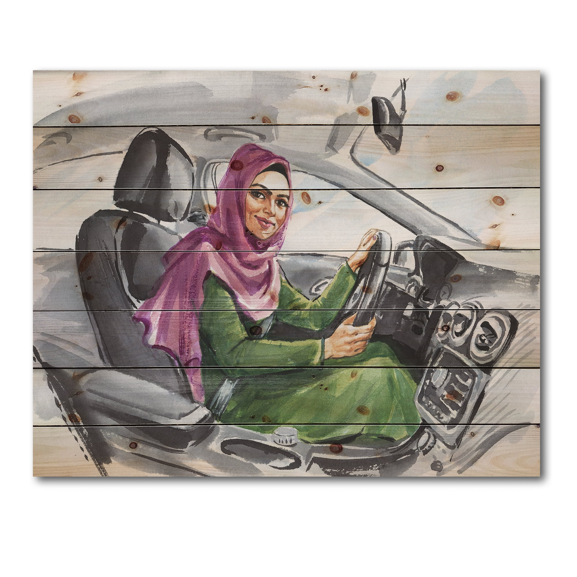Designart 'Arabian Lady Driving A Car II' Modern Print on Natural Pine Wood