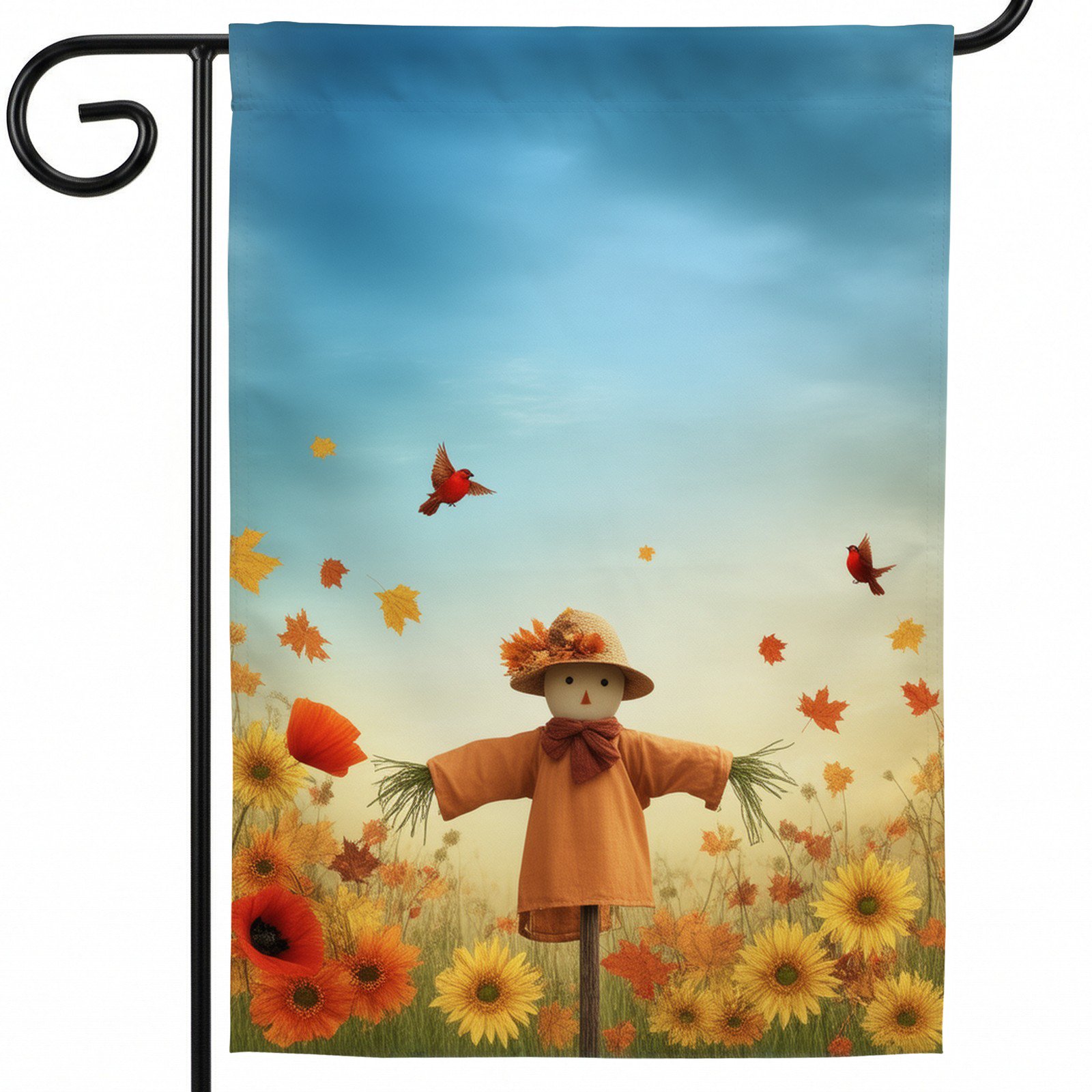Fall Flag Outdoor 28*40 A scarecrow in a field of sunflowers and birds Fall Garden Decorations