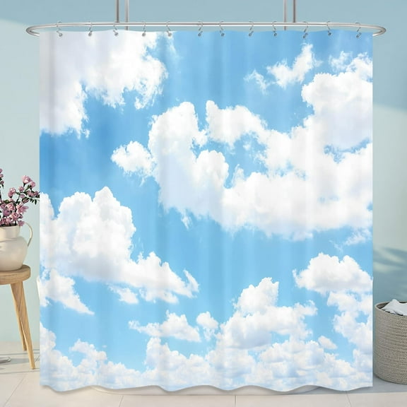 Blue Sky White Cloud Shower Curtain Natural Landscape Scenery Waterproof Fabric 72x72 Inch Polyester Bathroom Bathtub Decoration 12 Pack Plastic Hooks