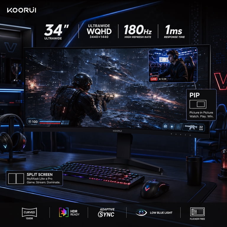 KOORUI 34'' Ultrawide 4K Curved Gaming Monitor, 165Hz WQHD HDMI