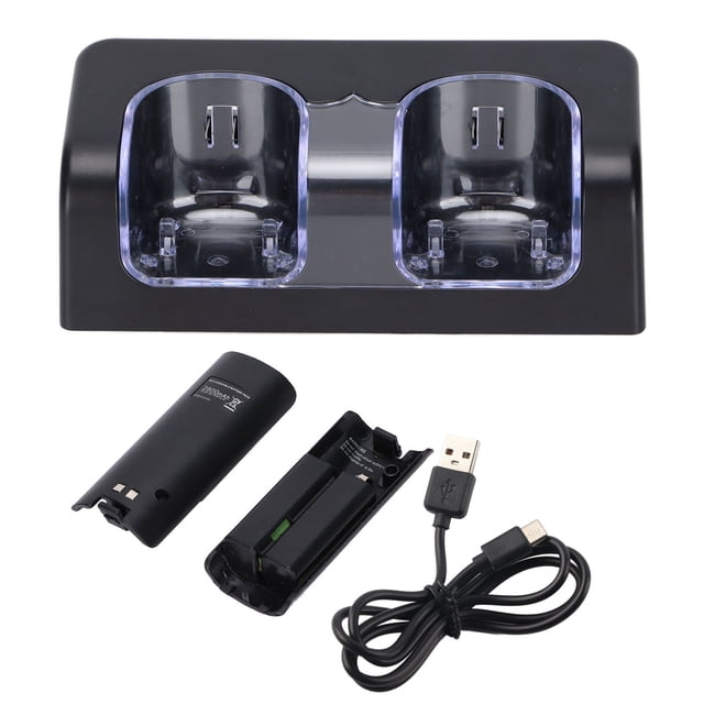 Cargador de batería remoto con cable de alimentación, estación de carga dual portátil estable para batería de control remoto de juego Wii, color negro