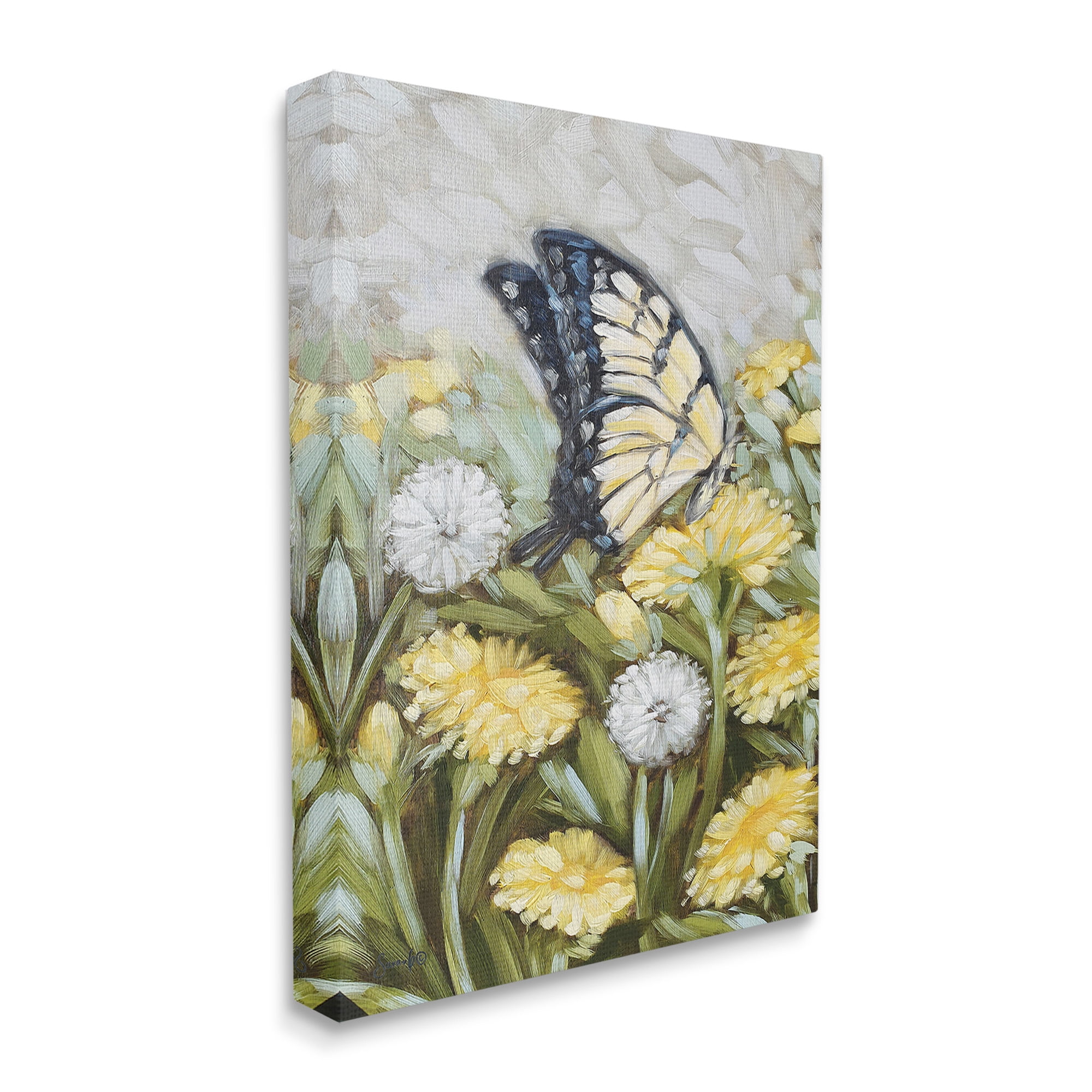 Stupell Industries Butterfly & Yellow Daisies Botanical & Floral Painting Gallery Wrapped Canvas Art Print Wall Art, 30 x 40