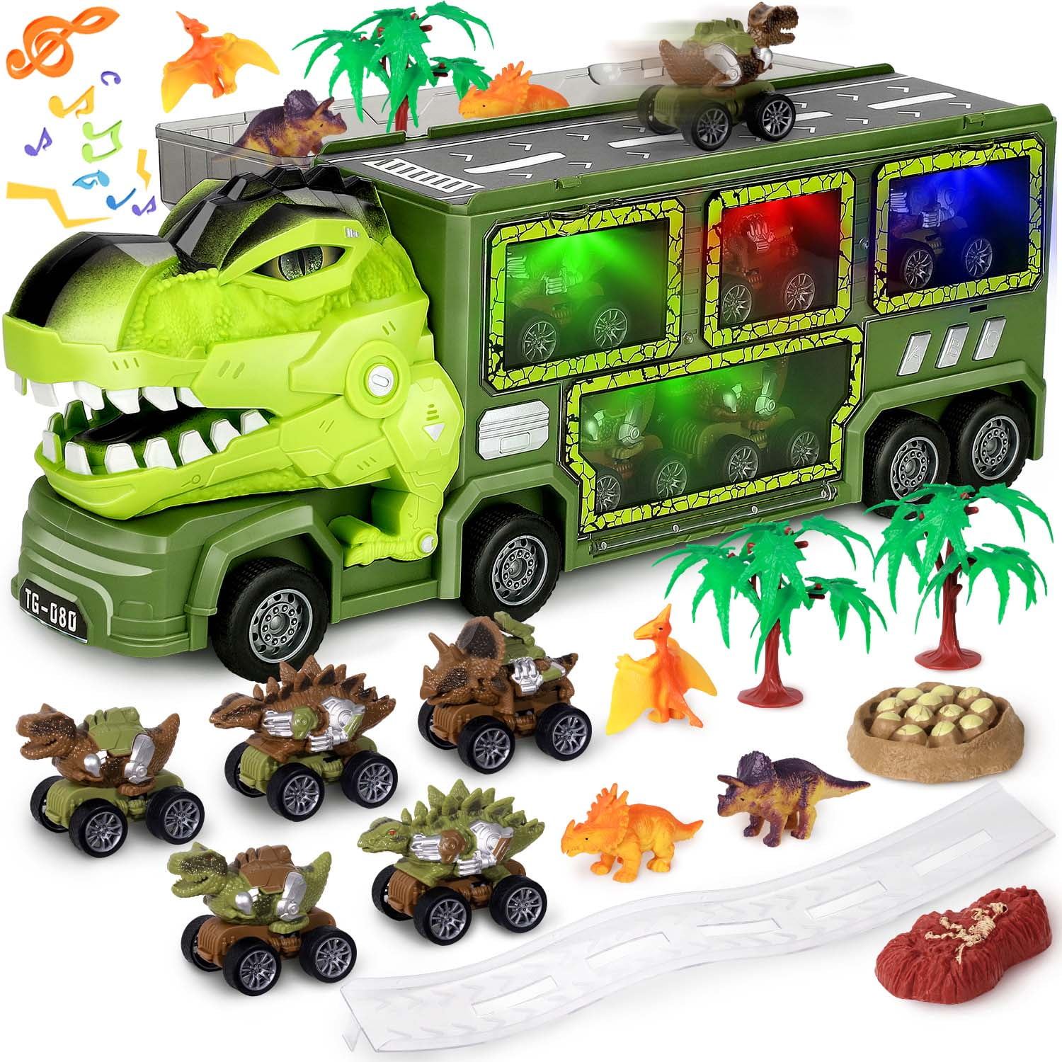 Ayieyill Dinosaur Truck Toys for Boys 3-6 Years, Dinosaur Truck Carrier -Tyrannosaurus Transport Car Carrier Truck with Lights, Music and Sounds, Dinosaur Play Sets for Boys Girls