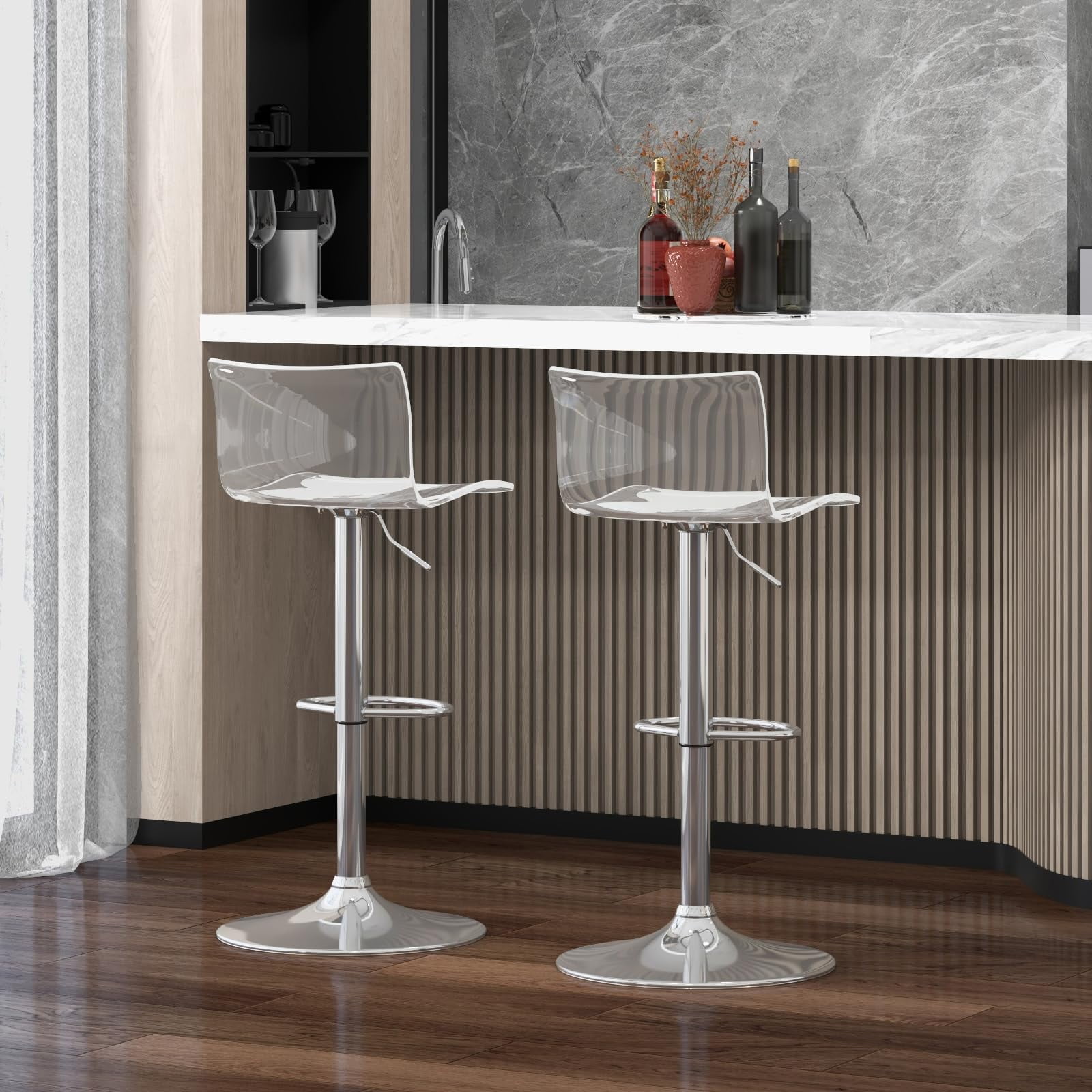 Bar Stools Set of 2, Adjustable Acrylic Swivel Airlift Barstools, Modern Counter Stools with Back and Footrest for Bar, Kitchen, Dining Room (Clear)