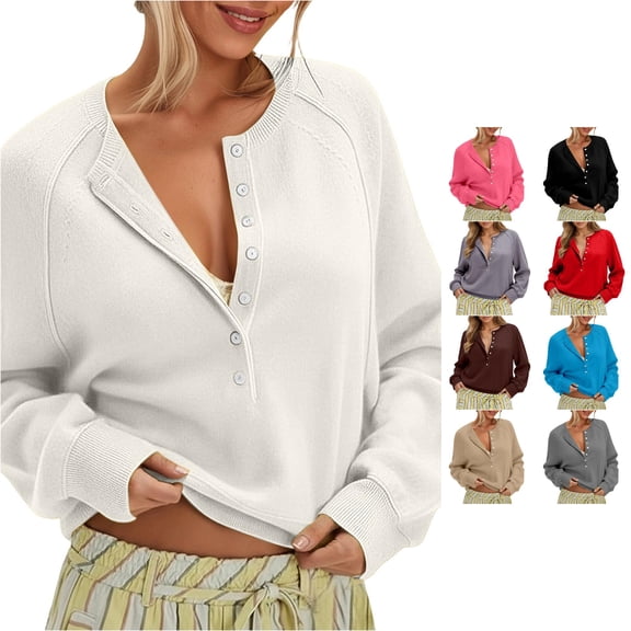 DHFJKG Sweaters For Women Long Sleeve Henley Shirts Raglan Sleeve Soft Knit Pullover Sweater Fall Fashion Outfit Versatile Tops
