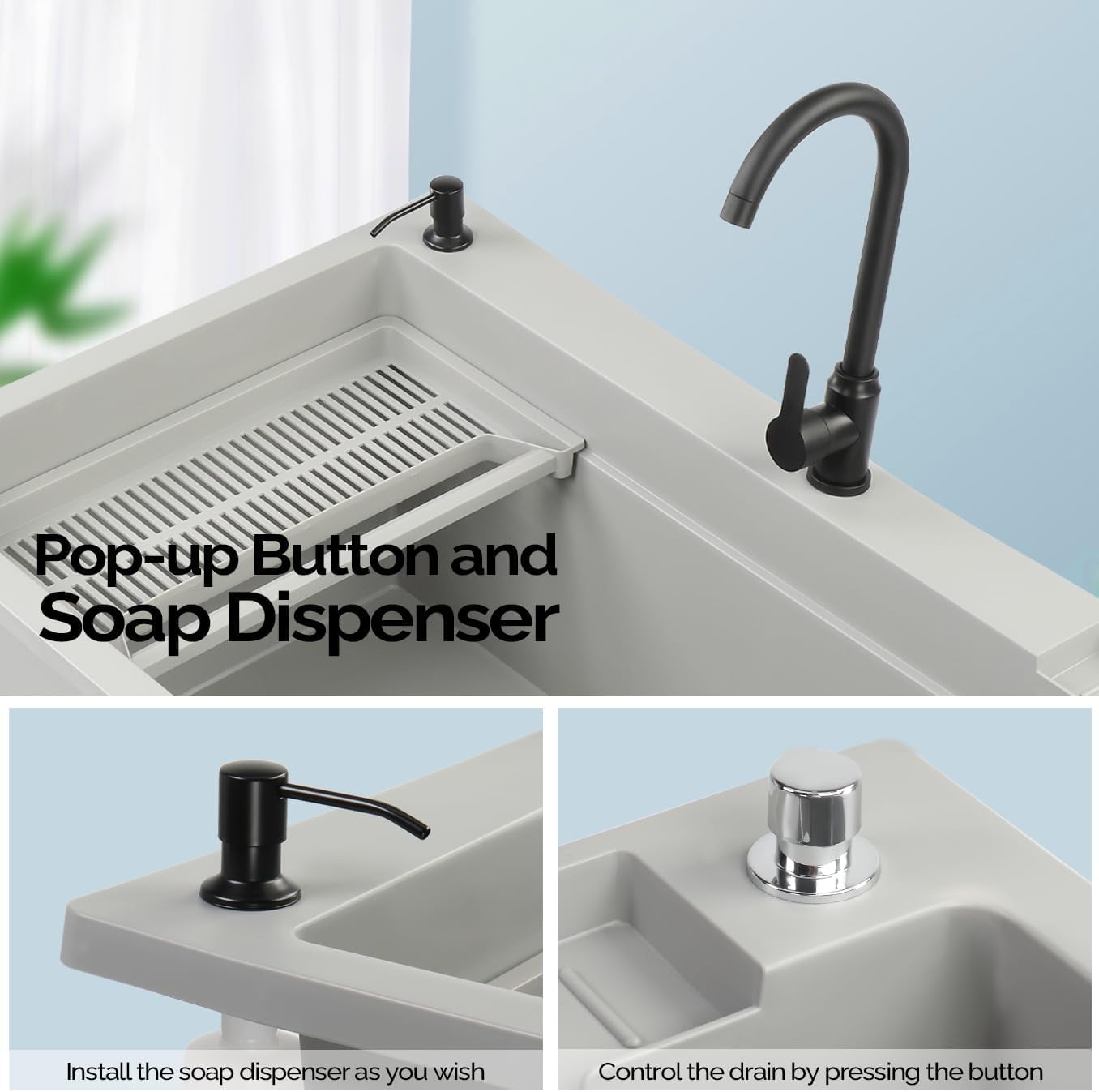 Ktaxon 27 Gallon Plastic Utility Sink with Hot/Cold Faucet, 36" Freestanding Laundry Tub with Iron Legs, Storage Shelf, Drain Board, Soap Dispenser and Pop-up Button for Bathroom, Laundry Room, Gray