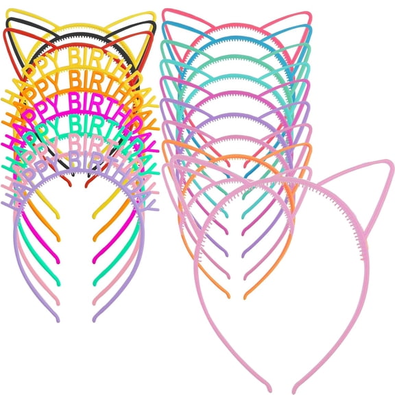 18 Pieces Colorful Plastic Cat Ear Headbands Happy Birthday Skinny Hair Band Clasps Hair Hoops Headpieces Accessories for Christmas Birthday Party Decoration Gifts