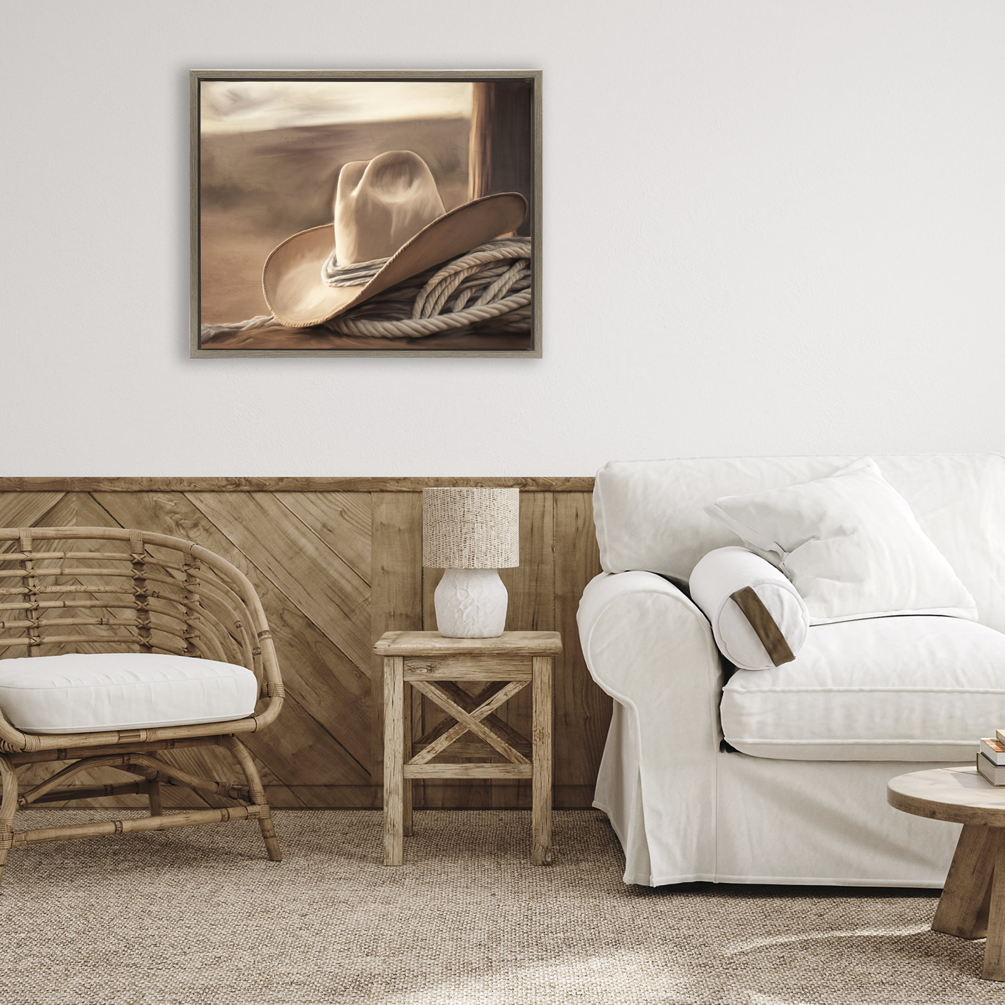 Stupell Industries White Cowboy Hat Brown Framed Floater Canvas Wall Art, design by Kim Allen