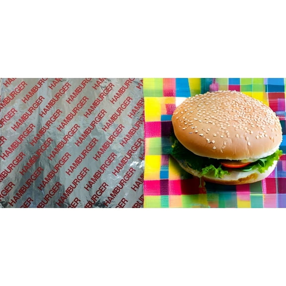Generic Cushion Foil Sandwich Wrap Hamburger Print, 10.5"" x 14"", 2,500 sheets per case packed 5/500's, Red