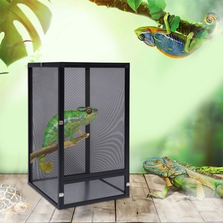 Metal Pet Reptile Cage Lizard Box Pet Feeding Enclosure Low Habitat Tank Buckle Closure Black Breeding Box