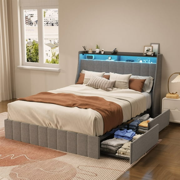 Queen Size Bed Frame with 4 Storage Drawers,Upholstered Platform with Storage Wingback Headboard,Adjustable LED Light,Grey