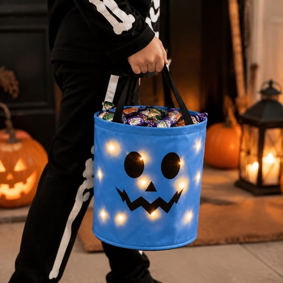 Snmubt Light Up Halloween Candy Bag, Blue LED Pumpkin Face Tote with Handles, Trick or Treat Bucket for Halloween Party Decor
