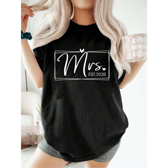 100% Cotton Mrs. Est. 2026 Just Married Wedding Wife Bridal Mr & Mrs T-Shirt Summer Tees Women