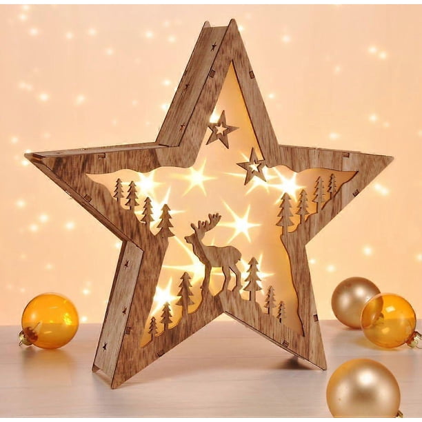 3D designer LED decorative lamp in the shape of a star made of real wood with 10 warm white LEDs