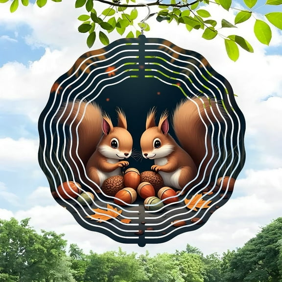 3D Metal Hanging Wind Spinners - Whimsical Squirrel Design with Acorns Perfect for Yard & Garden Decor Creates a Peaceful Atmosphere