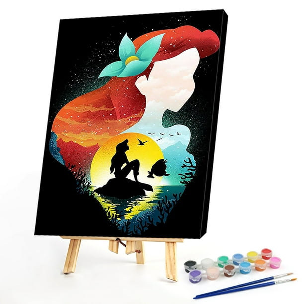 Cuadros Decorativos Kit de pintura por números DIY sirena de dibujos animados pintado para colorear arte al óleo (B1499) Ehuebsd embutido en tela