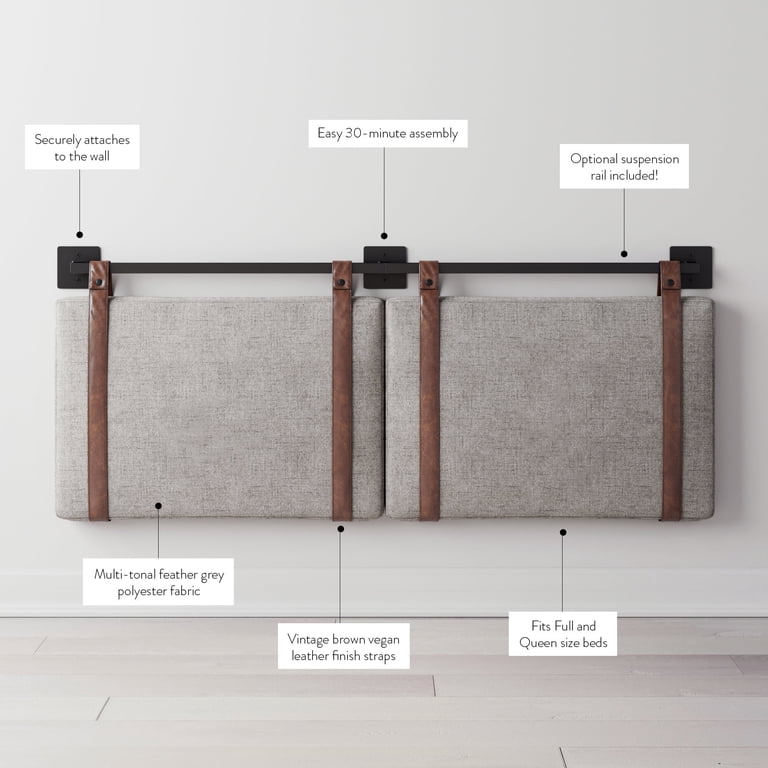 Nathan James Harlow Queen/Full Wall Mount Headboard, Light Gray photo 7