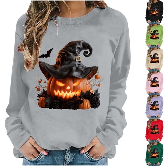 Jsaierl Halloween Sweatshirts for Women Plus Size Pumpkin Graphic Pullovers Fall Loose Fit Round Neck Long Sleeve Sweater Tops Halloween Clothes, Sizes S-2XL