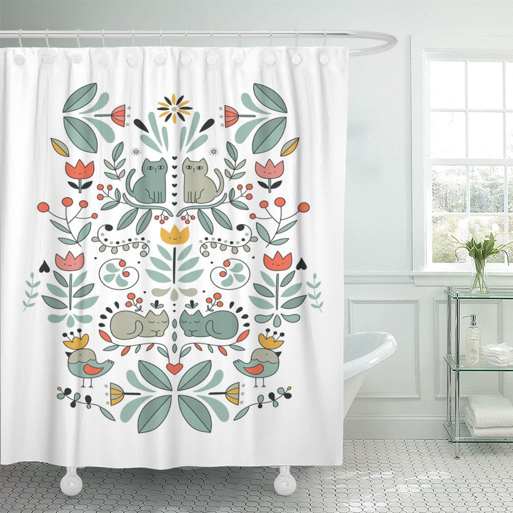 Cartoon Cute Cat Waterproof Polyester Bathroom Decor Shower Curtain & Bath Mat ！ 
