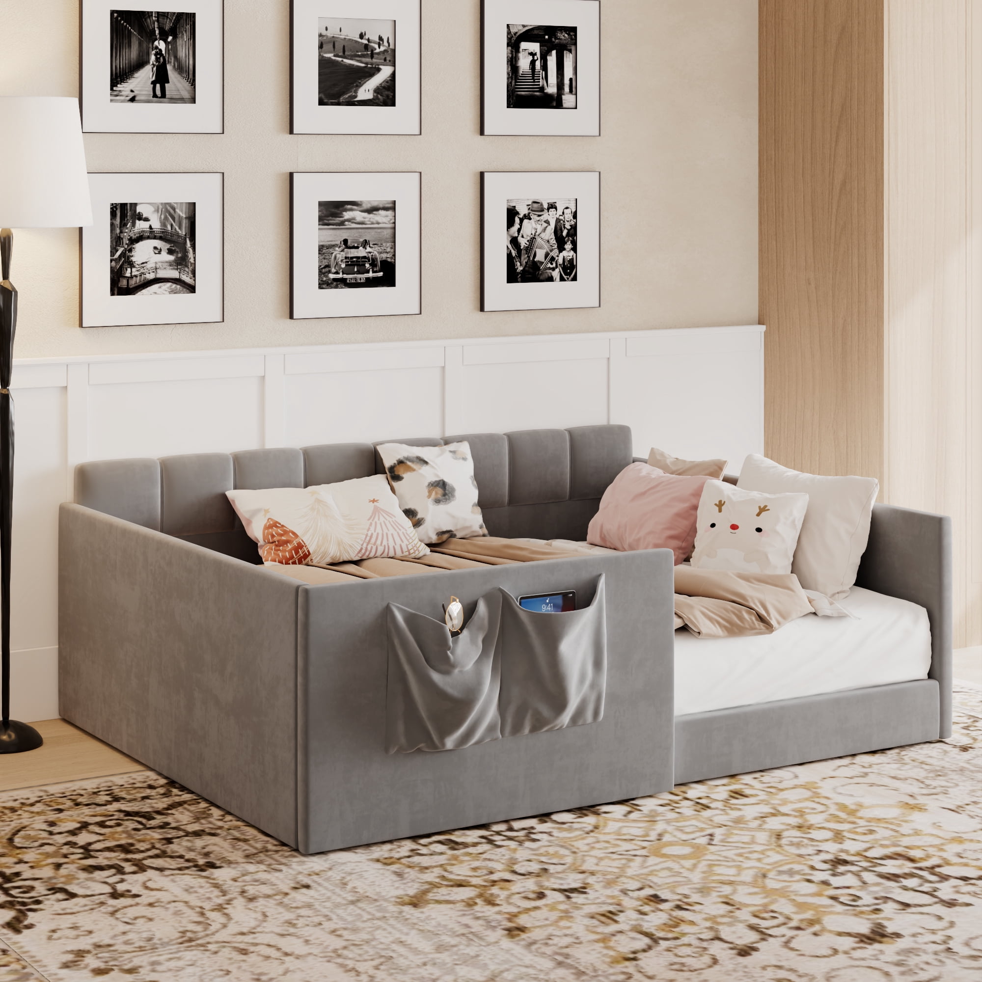 Full Size Velvet Daybed with Storage Pockets and Walk-In Entrance, Upholstered Sofa Bed with High Side Panels for Guest Room and Small Spaces, Gray