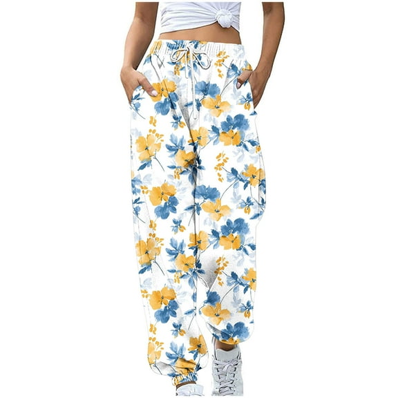 Sakmal Sweatpants for Women Drawstring Joggers Pants Elastic Waist Spring Graphic Yellow Sweatpants Women L