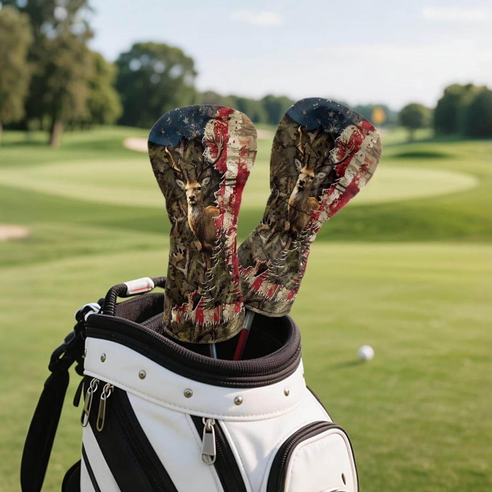 Uorisanigo Golf Club Head Covers - Driver, Fairway #3#5, Hybrid Headgear, Premium Headcovers Set Fit Most Clubs, PU Leather Camo American Flag Deer Hunter Headcovers, Golf Accessories