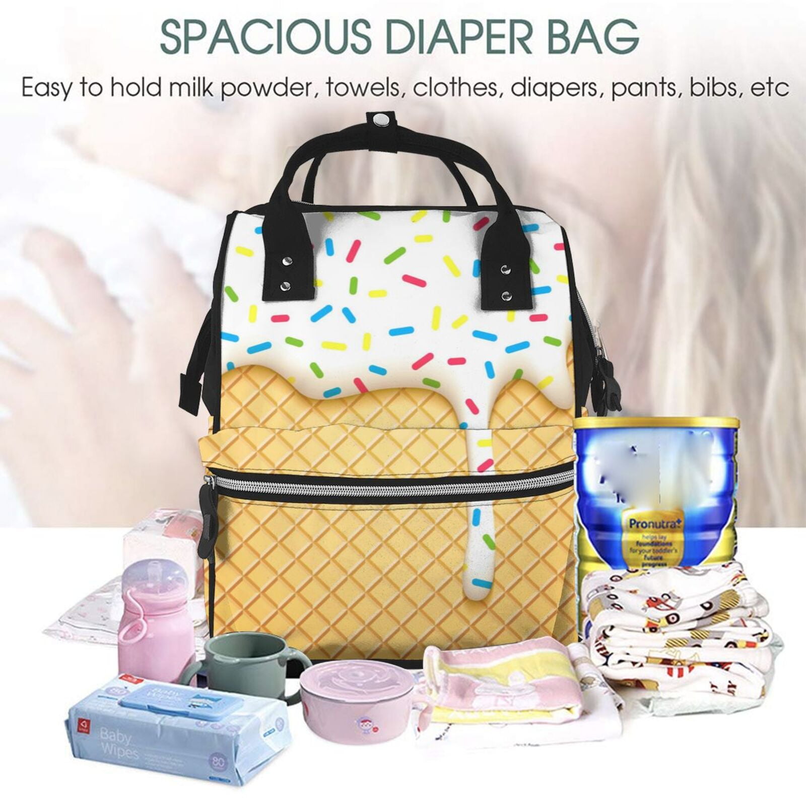 Ratiio White Ice Cream Mummy Backpack - Waterproof Twill Canvas, Large Capacity Diaper Bag with Multiple Pockets and Adjustable Straps