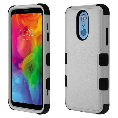 LG Q7, Q7+, Q7 Plus Phone Case Tuff Hybrid Shockproof Impact Rubber Dual Layer Hard Soft Protective Hard Case Cover Natural Textured Gray Black Phone Case for LG Q7, Q7+, Q7 Plus