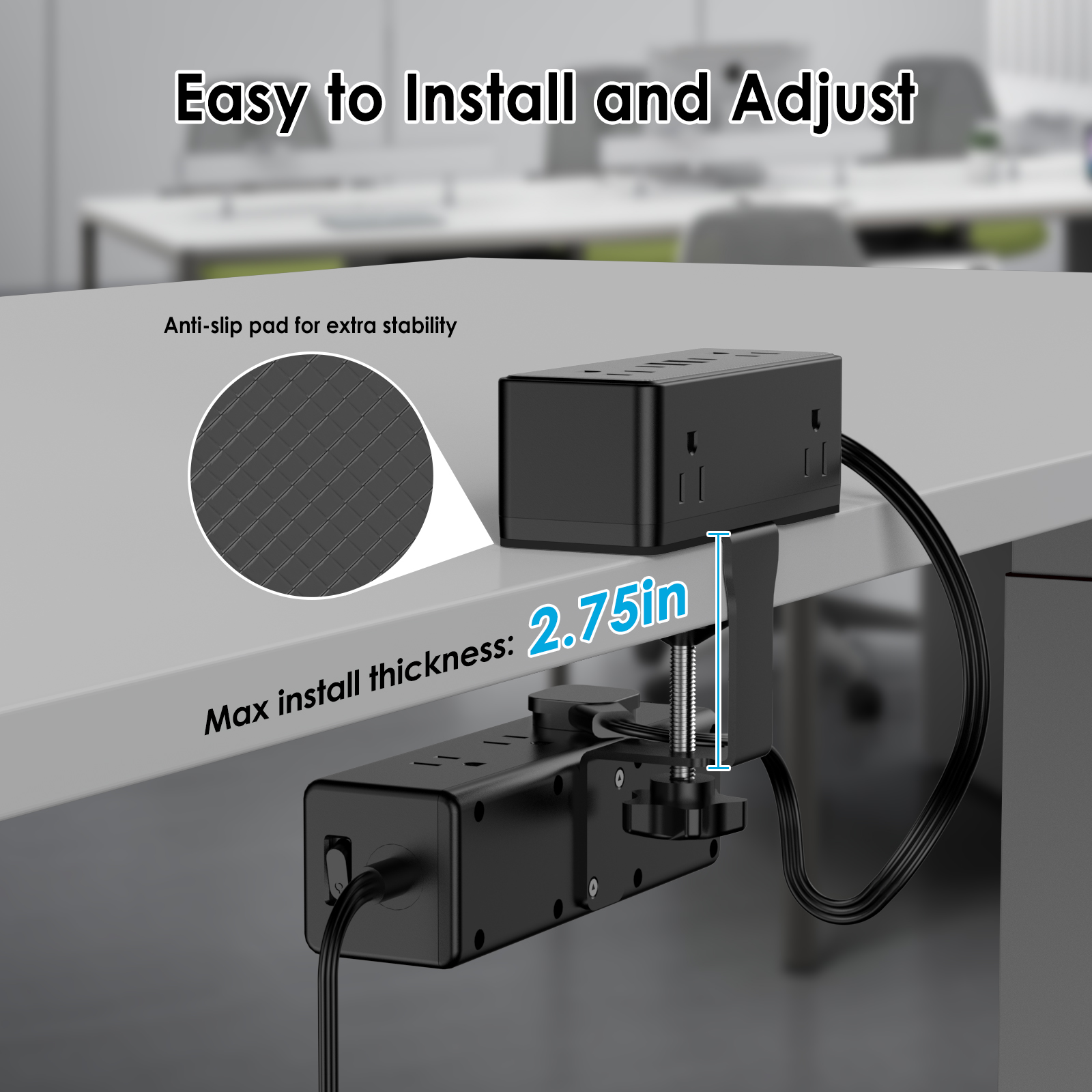 VILONG Desk Clamp Power Strip with 2 USB-c & 2 USB-a,15-Outlet Surge Protector, Edge Mount Design,5ft Extension Cord for Desktop(ETL Certified, Black)