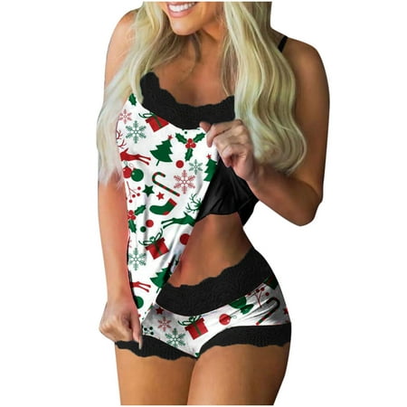 

Christmas Women s Pajama Sets Sexy Lingerie Satin Sleepwear Cami Shorts Set Pj Lace Nightwear