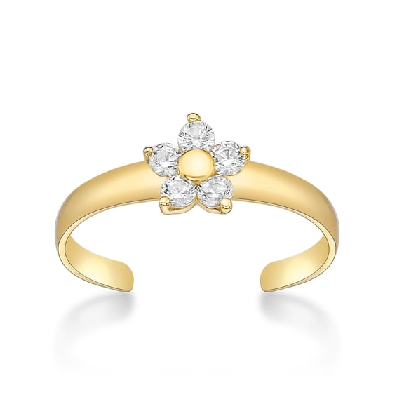 Cubic Zirconia Adjustable Flower Toe Ring in 10k Yellow Gold 6 MM Wide