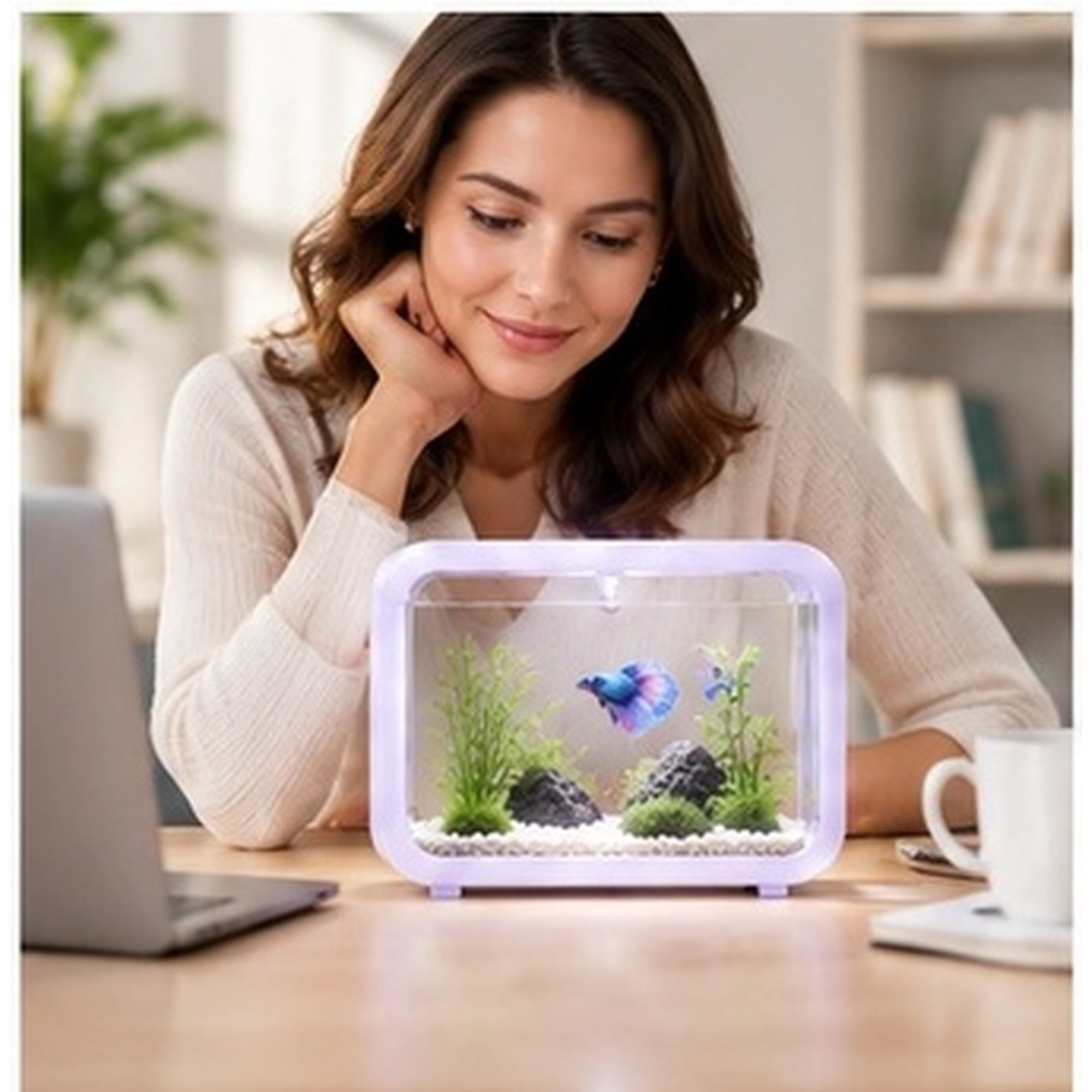 FESTFENDS White Aquarium with Light Compact Plastic Tank for Betta Fish and Desktop Home Decor