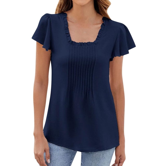 Mujeres de Manga Corta Tops Casual Color Sólido Cuadrado Cuello Ruffled Camiseta Blusa, Poliéster Moda Superior, Lavado a Mano Casa de Uso Diario