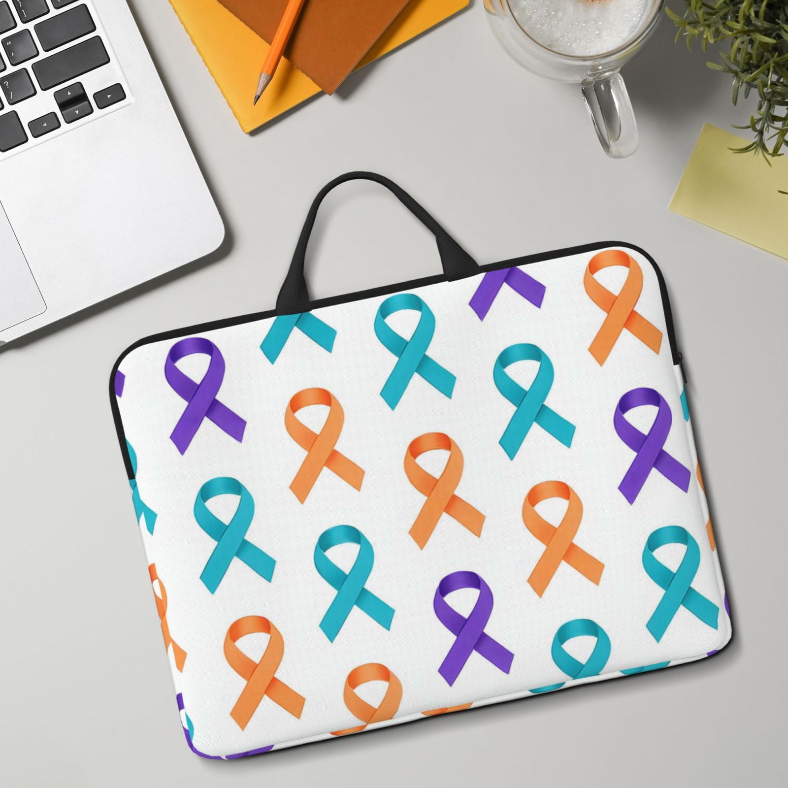 Laptop Sleeve Bag For Women Men 14inch Waterproof Durable Protective Computer Carrying Cover Handle Laptop Case Bag Cancer Awareness Ribbon Pattern - Modern Grid