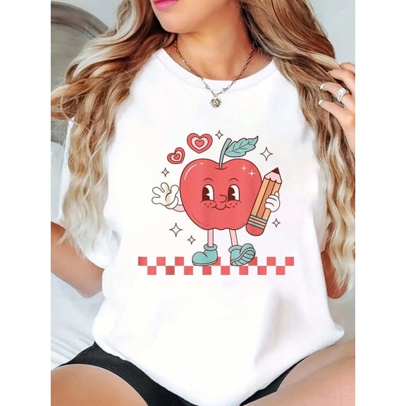 100% Cotton Cute Retro Checkered Apple With Face Teacher Pencil T-Shirt Print Round Neck Short Sleeve T-Shirt For Women Casual, Summer, Women Top Graphic Tees Women Tops