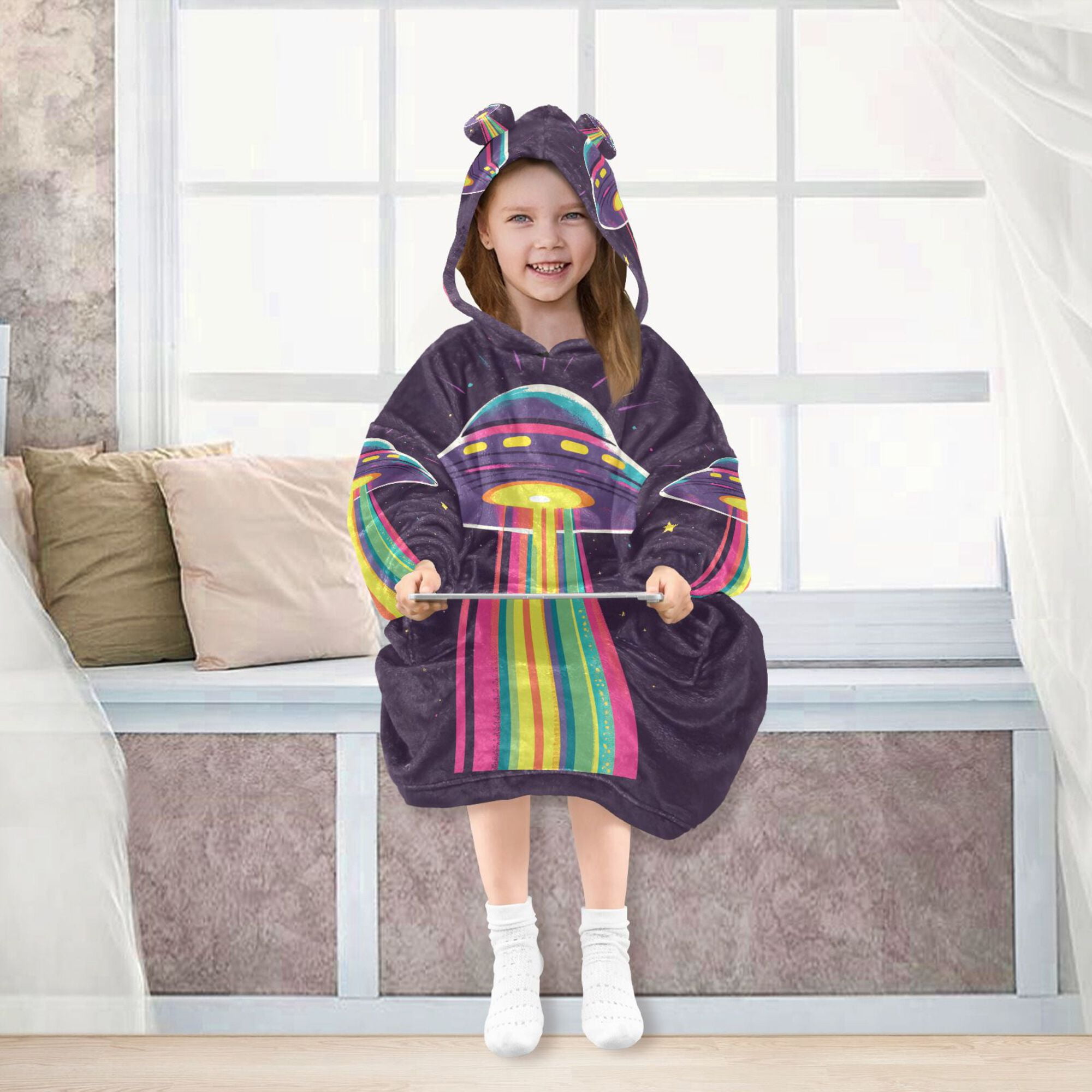 FORMRS Wearable Blanket Hoodie with Sleeves for Kids Cozy Flannel Sweatshirt, Colorful UFO