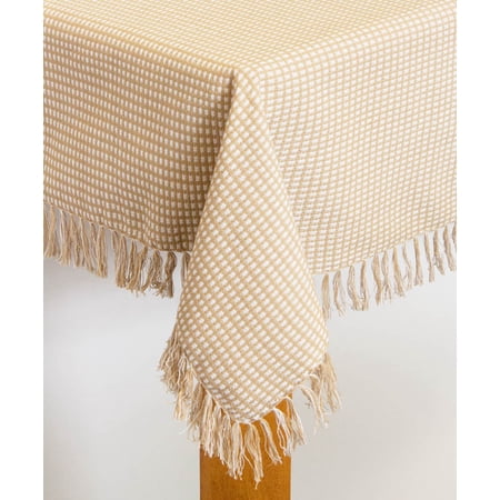 Lintex Linens Homespun Check 100% Cotton Woven Fringed Tablecloth 60 X84   Ecru