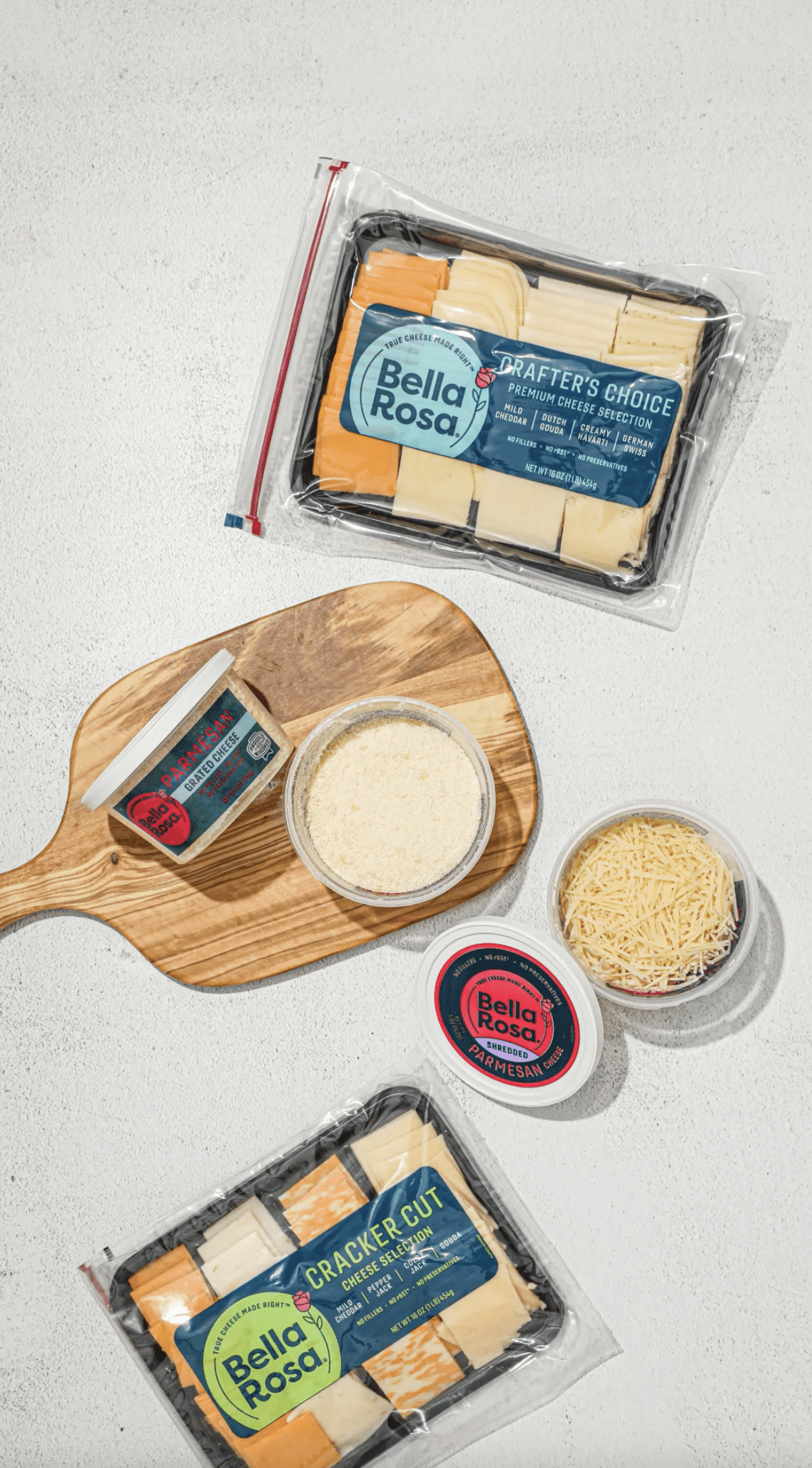 Bella Rosa Crafter's Choice Cheddar, Gouda, Havarti, & German Swiss Cheese Slice Variety Pack, 1 lb Tray