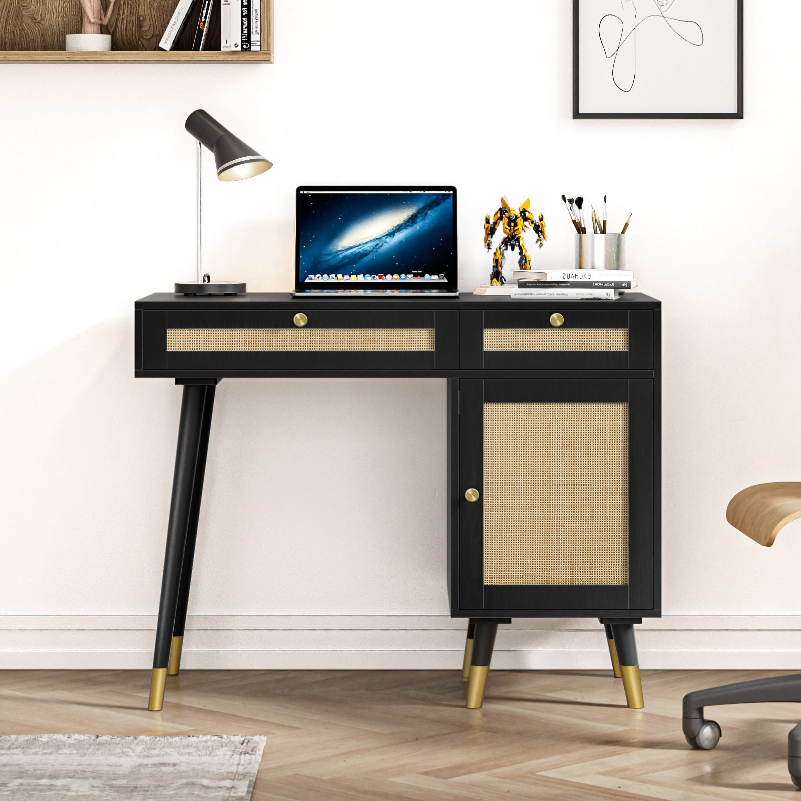 Eumyviv Multipurpose Rattan Furniture, Desktop Computer Desk with Storage, Office Room Desk, Black D0005
