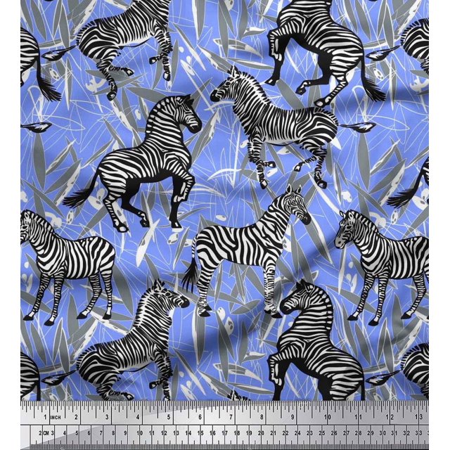Soimoi Blue Modal Satin Fabric Leaves & Wild Animal Print Fabric by The Yard 42 Inch Wide