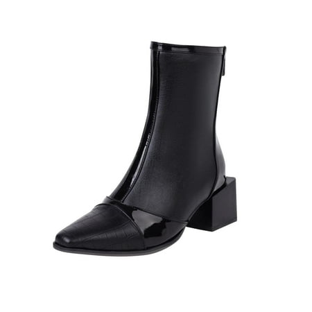 

Valentine s Day Deals!2022 Juebong Women s Midrange Winter Leather Stitching Square With Fleece Patchwork Back Zipper Rider s Boot