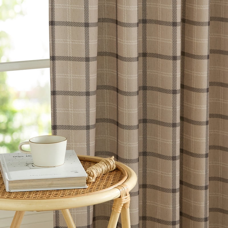 NICETOWN Linen Plaid Curtains for Living Room, Check Light Filtering Privacy Semi Sheer Linen Curtains Rod Pocket Back Tab Farmhouse Country Style Drapes, Light Greige, 52"x84", 2 Panels