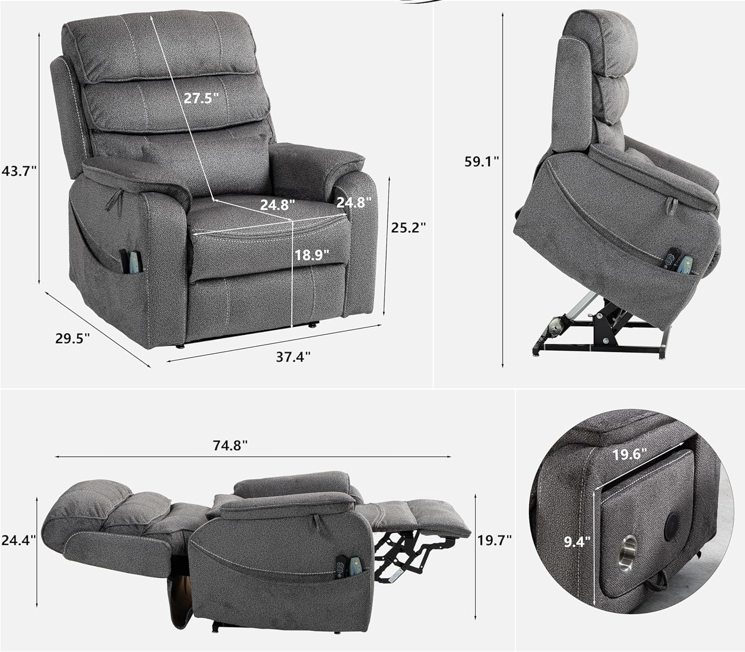 Adults Power Lift and Heat and Massage Recliners with Wireless Charging Device and USB Ports
