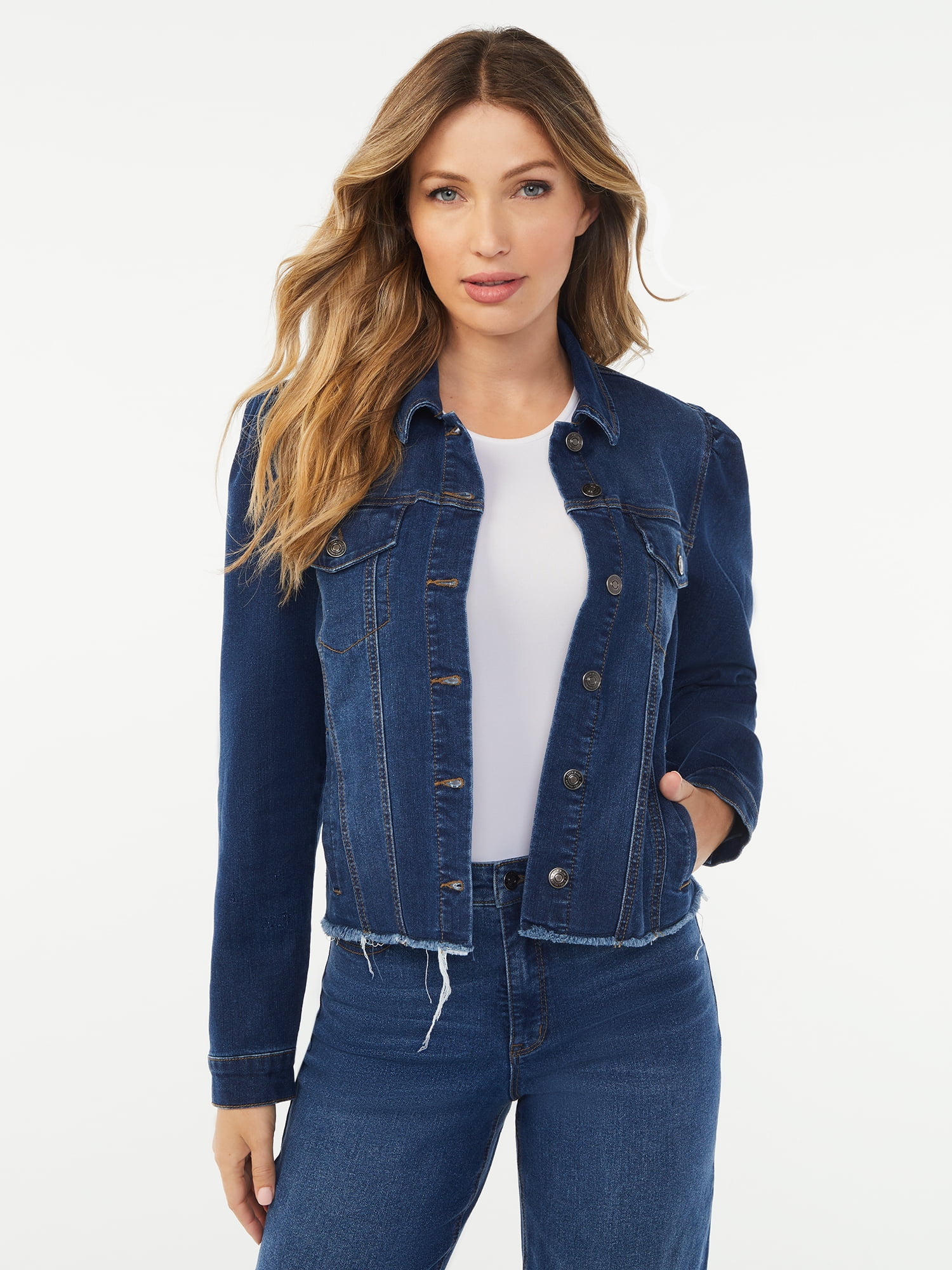 Sofia Jeans by Sofia Vergara Women's Cropped Fray Hem Jacket with Puff Sleeves