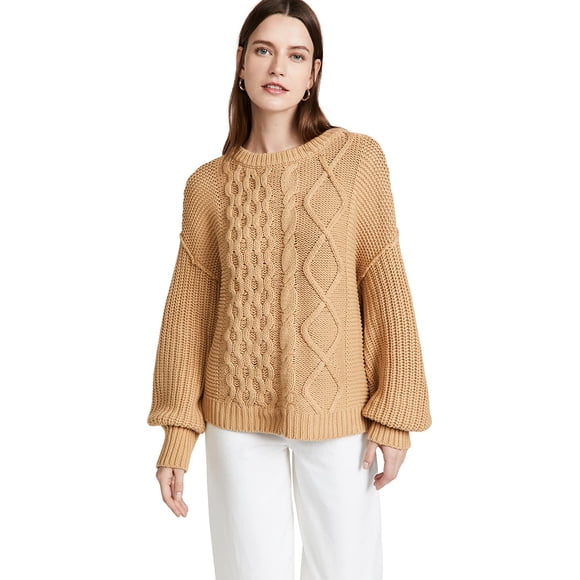 Free People Womens Dream Cable Crew Large Classic Camel